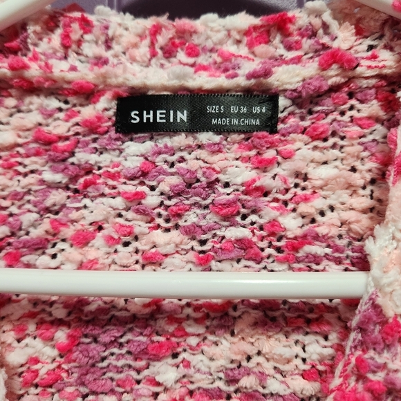 SHEIN Knit Cardigan Drop Shoulder Button-Front Pink White Cropped Womens Small - Picture 6 of 7